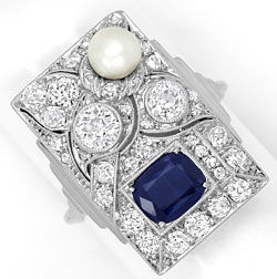 Foto 1 - Art Deco Ring 1,51ct Diamanten Saphir Perle Platin-Gold, S4700